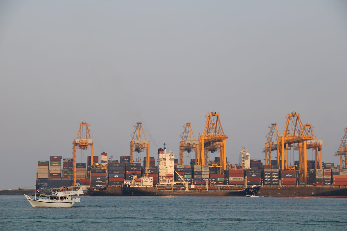 Navires, conteneurs et portiques au port de Fujairah, photographiés en 2017