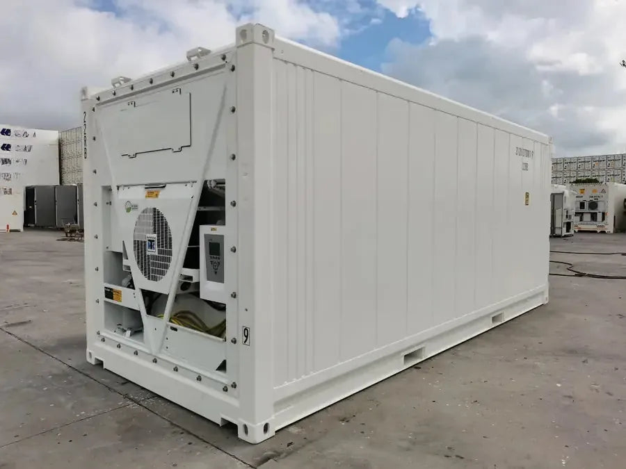 Conteneur 20 pieds reefer d'occasion, groupe frigorifique visible, utilisable en stockage pharmaceutique à température dirigée